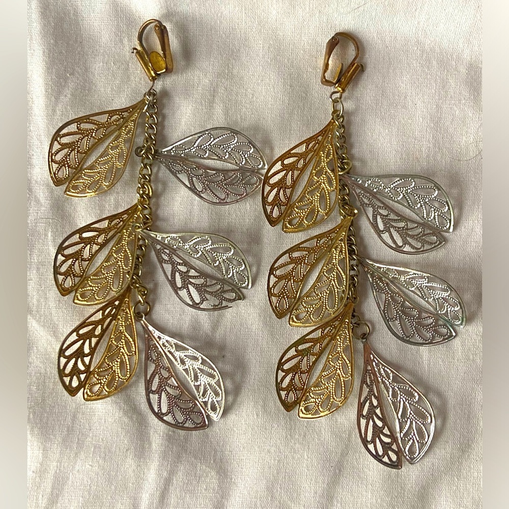 Silver/Gold thread Leaves pierced earrings 70's style 5" long